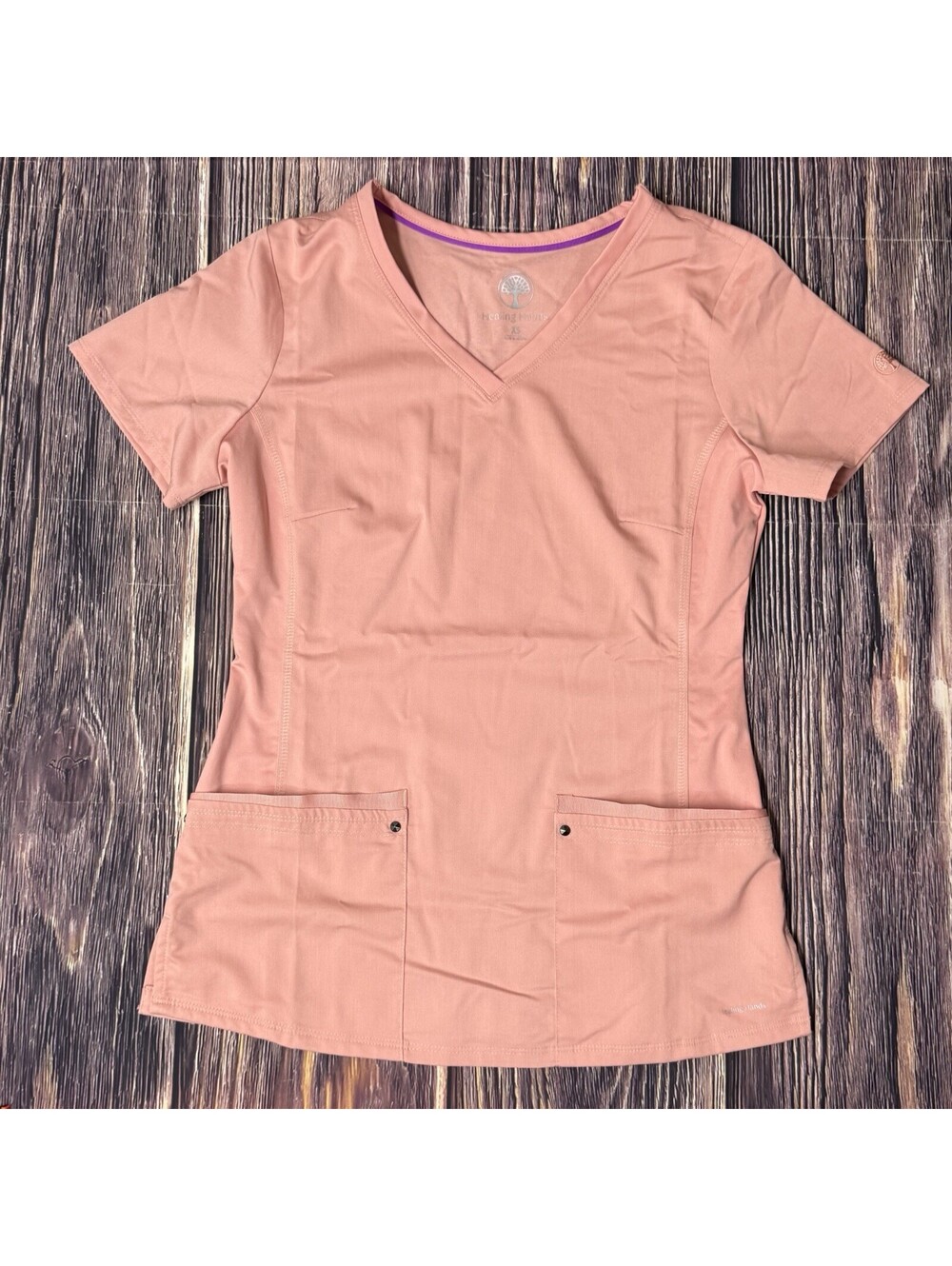 Healing Hands Purple Label Scrub Top XS Blushing Peach V-Neck Womens Worn Once